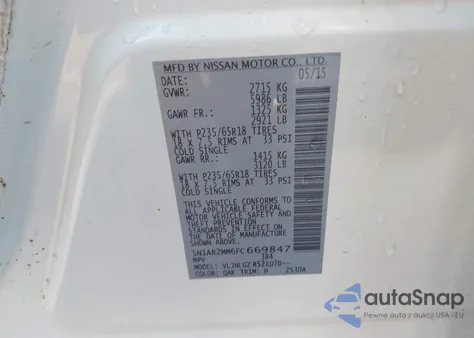 2015 Nissan Pathfinder Platinum/S/Sl/Sv из США, поврежденный, VIN 5N1AR2MM6FC669847